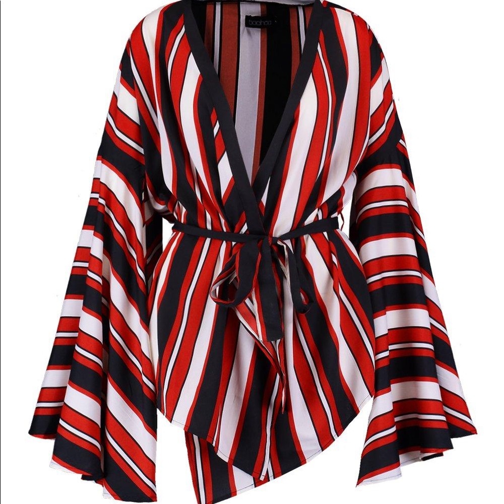 Boohoo - STRIPE WRAP BELTED WIDE SLEEVE TOP